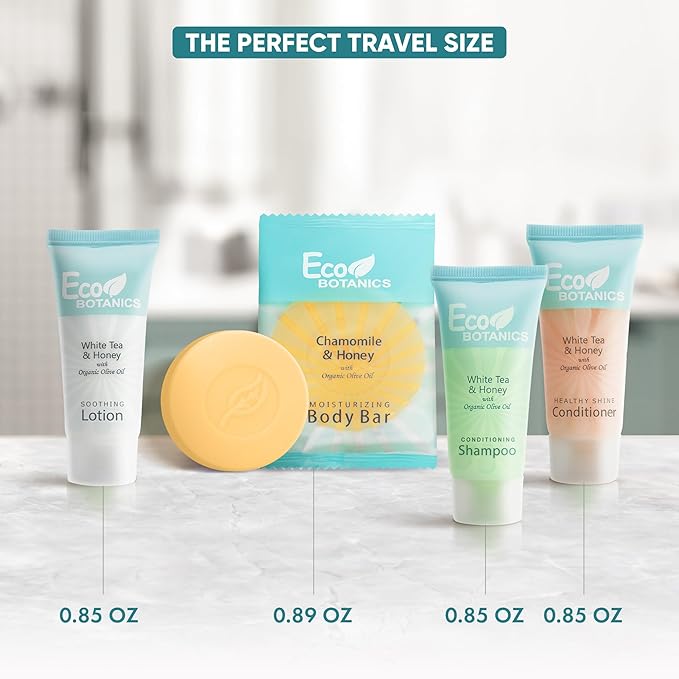 Eco Botanics Hotel Soaps and Toiletries Bulk Set | 1-Shoppe All-In-Kit Amenities for Hotels & Airbnb | 0.85 oz Hotel Shampoo, Conditioner & Lotion, 0.89 oz Bar Soap Travel Size | 200 Pieces-Velvo Beauty