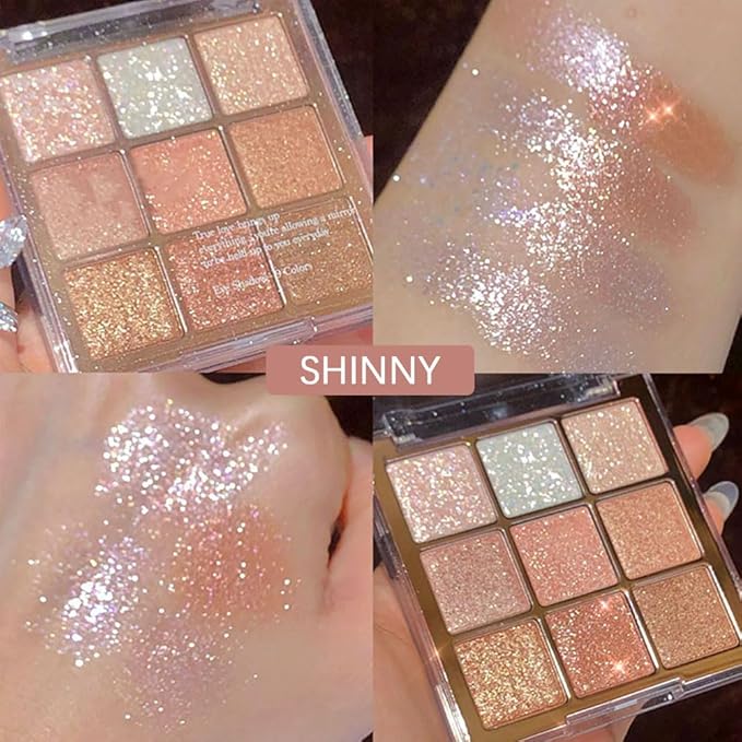 9 Colors Glitter Eyeshadow Palette Naturing-Looking Women Girls Eye Shadow,Pink White Gold Glitter Shimmer Sparkly Eye Shadow Palette Makeup,Warm Pastel Eyeshadows Palette Long Lasting Waterproof-Velvo Beauty