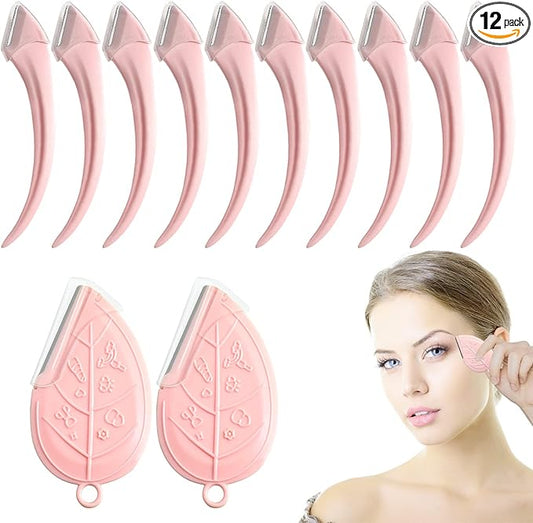 ONEUPIN 12PCS Eyebrow Trimmer Set Stainless Steel Leaves Curved Eyebrow Razor Trimmer Facial Shaver Razor Brow Shaper Suitable for Any Skin Type Hair Removal Accessories for Men Women(Pink)-Velvo Beauty