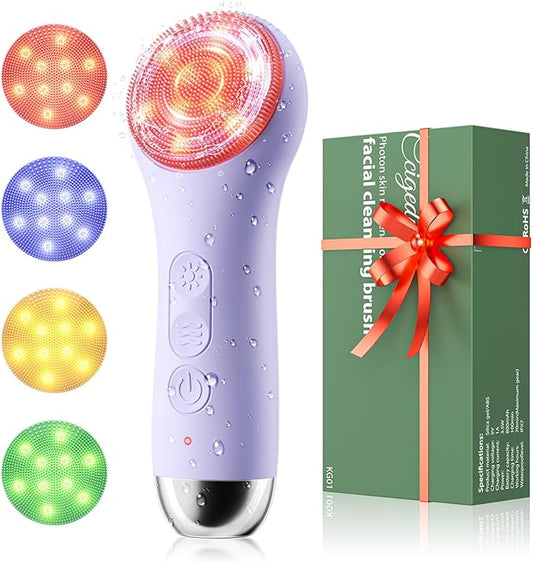 Facial Cleansing Brush: Rechargeable LED Electric Face Cleansing Brush with 4 Gentle Light Liquid Silicone Modes Face Scrubber Exfoliator,IPX7 Waterproof Ideal Gift for Men and Women-Purple-Velvo Beauty