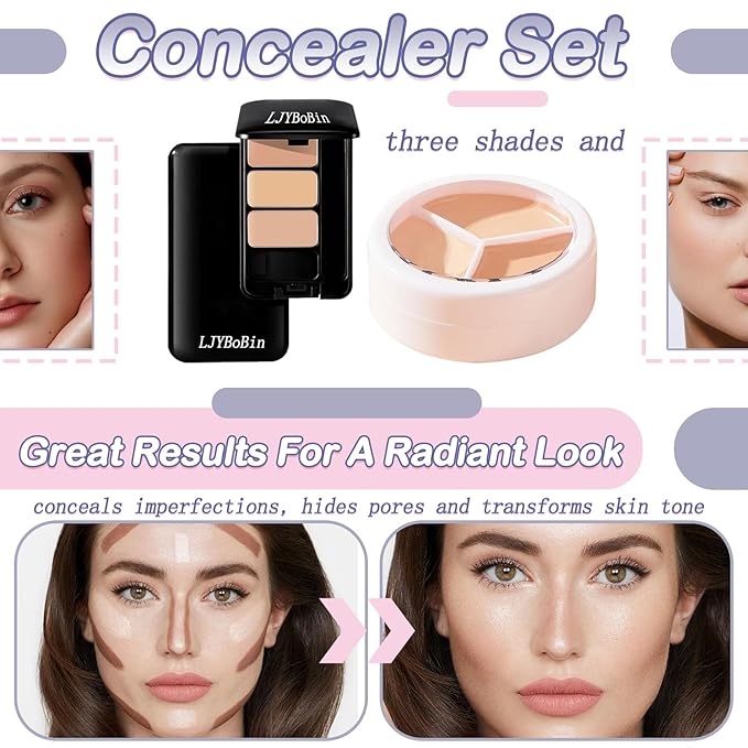 2PCS Tri Color Corrector Face Concealer Palette Set with Brush,Moisturizing Long Lasting Waterproof Color Correcting Concealer Full Coverage Cream Contour Foundation Makeup Palette Kit-Velvo Beauty