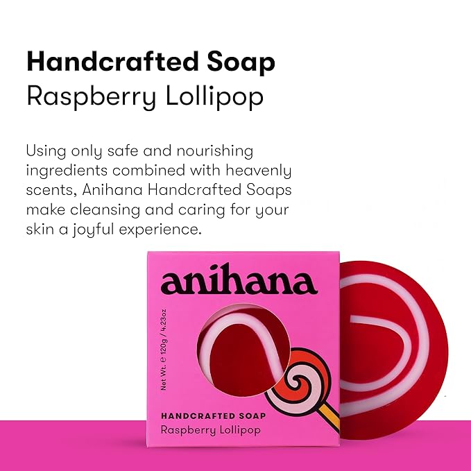 ANIHANA Handcrafted Natural Soap with Coconut Oil, Gentle Cleansing, Paraben Free, Refreshing Raspberry Lollipop Scent, 4.23 oz-Velvo Beauty