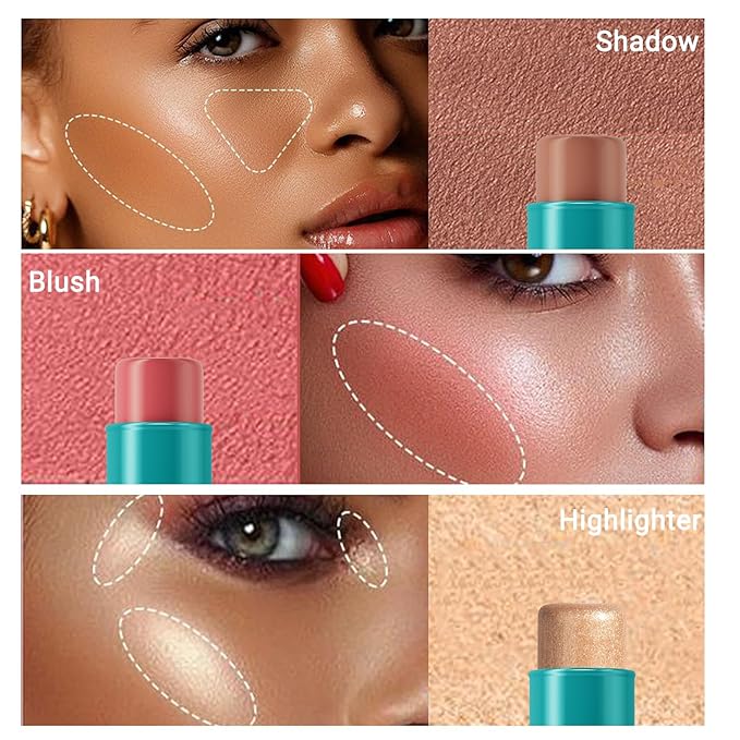 3Pcs Cream Contour Stick, with Highlighter Stick Milk Bronzer Stick Blush Stick, Face Contour Stick with Makeup Brush and Sponge, Easy to Sculpt the Face, Long Lasting, Waterproof-Velvo Beauty