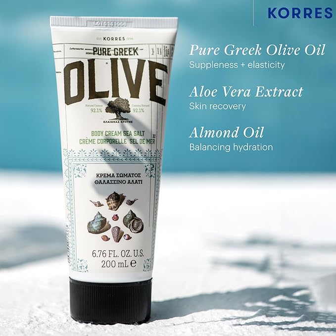 KORRES Olive Body Lotion for Dry Skin, Moisturizer Cream with Vitamin E, Aloe and Pure Greek Olive Oil for Body Care, Hydrating and Nourishing for Smooth, Supple Skin, Sea Salt Scented, 6.76 fl oz-Velvo Beauty