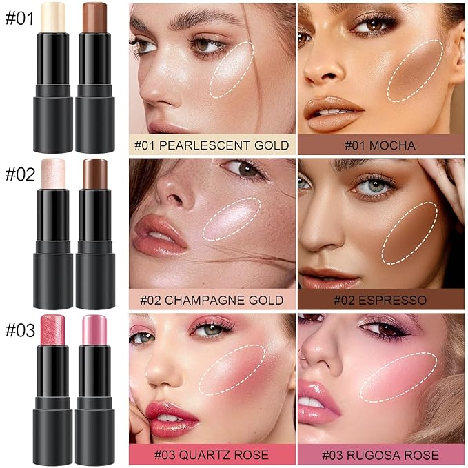 6 Colors Cream Contour Stick Makeup Kit, Shades with Highlighter, Blush and Double-End Bronzer Contour Stick for Sculpt the Cheeks, Long Lasting, Waterproof, Matte & Dewy Finish(SET A)-Velvo Beauty