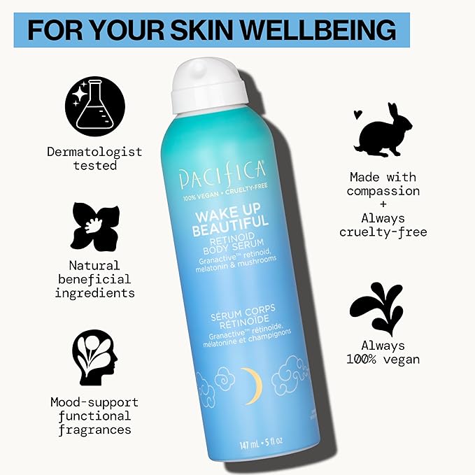 Pacifica Spray Lotion for Body - Wake Up Beautiful Body Serum – Overnight Retinoid Body Treatment, Spray-On Hydrating Serum with Granactive Retinoid, Mushrooms & Melatonin, Plumps & Renews Skin, Vegan-Velvo Beauty