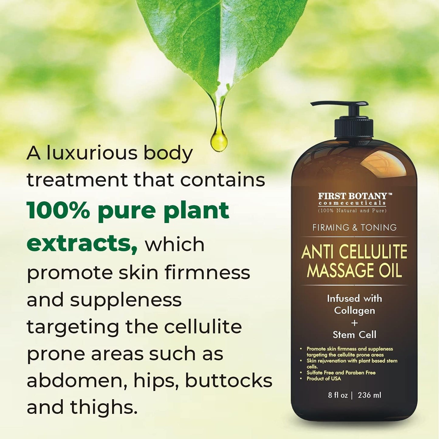First Botany, Anti-Cellulite Massage Oil Infused with Collagen & Stem Cells - Natural Cellulite & Stretch Mark Treatment for Men & Women - 8 oz-Velvo Beauty
