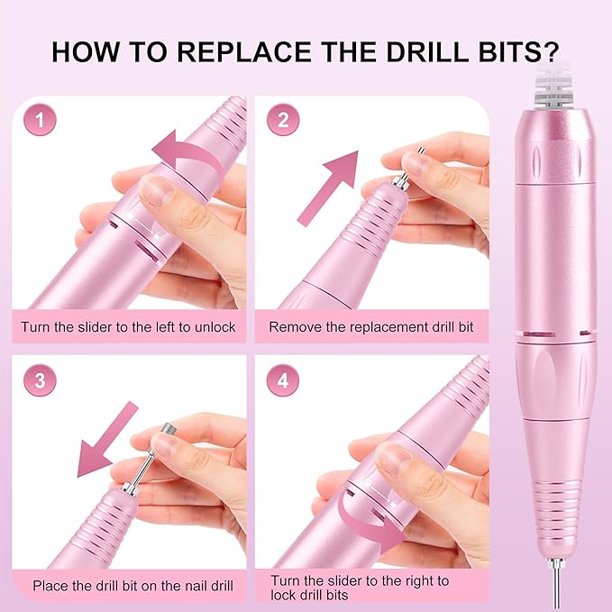 Professional Electric Nail Drill File:COSYGLOW Glitter Portable Cordless E-File Nail Drill Kit with 11 Drill Bits,30000 RPM Rechargeable Nail Drills Machine for Acrylic Nails Gel Polishing (Pink)-Velvo Beauty