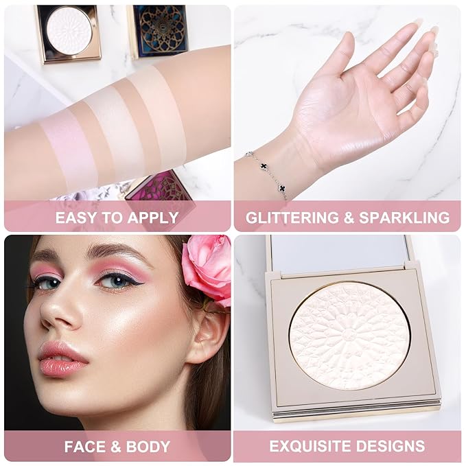 Face Highlighters Exquisite 3D Texture Luminizers Palette, Shiny Holographic Contour Makeup Illuminator Highly Pigment for Body Cheek Eyebrow Nose Chin Lip Glossy Shimmer Contouring Palette-Velvo Beauty