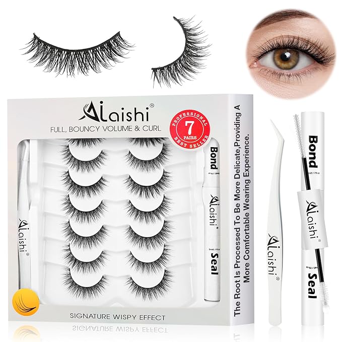 Wispy False Eyelashes Kit With Bond, Seal and Tweezer, 7 Pairs Natural Look Fake Cat Eye Lashes Strips Thin Band Extensions Waterproof Easy Eyelashes for Beginners RQ01-Velvo Beauty