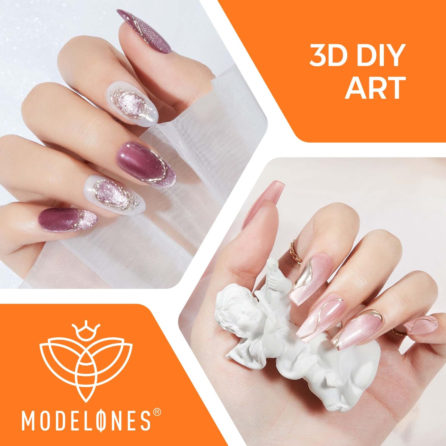 Modelones 3D Gel Nail Art, Sculpting Gel Glue for Molding, Drawing, Charms & Gems Glue, Nail Stuff for Chrome Powder and Rhinestone Design No Wipe, U V Light Cured Salon & DIY Use-Velvo Beauty