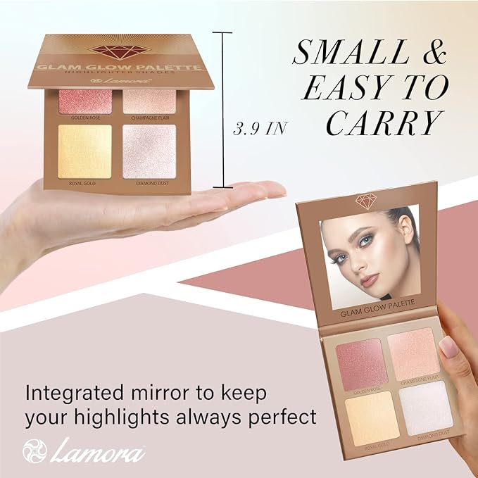 Highlighter Palette Highlighter Makeup Iluminador - Glow Bronzer Powder Makeup Highlighter Kit With Mirror - 4 Highly Pigmented Face Highlighter Shimmer Colors - Vegan, Cruelty Free & Hypoallergenic-Velvo Beauty