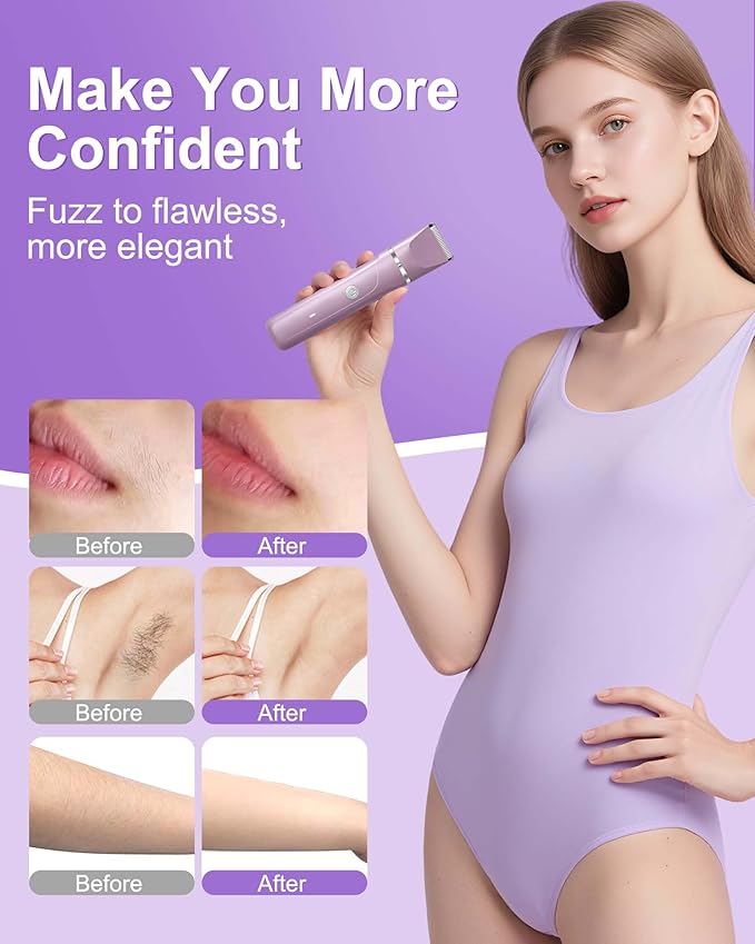Dermave Bikini Shaver - 2 in 1 Waterproof Bikini Trimmer for Women Cordless Electric Razors for Women, Dry/Wet Use for Bikini, Armpit, Face, Rechargeable Shaver with Detachable Head, Pearl Purple-Velvo Beauty