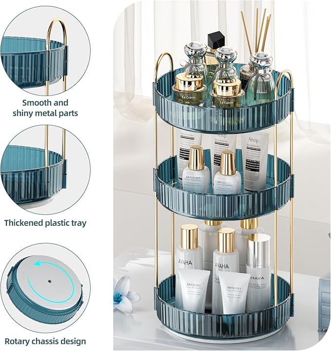 360° Rotating Makeup Organizer, Bathroom Organizers and Storage Holder Rack, Large Capacity Vanity Shelf Countertop, Fits Cosmetics, Perfume, Skin Care(Blue, 3 Tiers)-Velvo Beauty