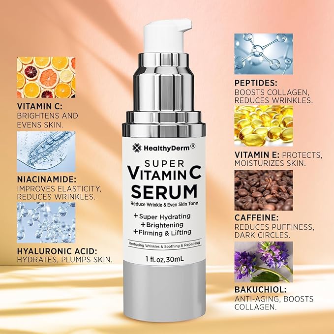 Super Vitamin C Serum for Women Over 70: Niacinamide, Vitamin C, Hyaluronic Acid, Peptides, Vitamin E, Caffeine, Bakuchiol, Hydrating, Lifting, Wrinkle & Age Spots Reduction Pack of 3-Velvo Beauty