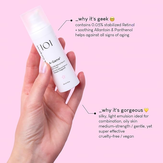 Geek & Gorgeous - A-Game 5-0.05% Retinal serum - silky, light with medium-strength retinal, anti-aging - all skin types, especially combination & oily skin, 1 oz-Velvo Beauty