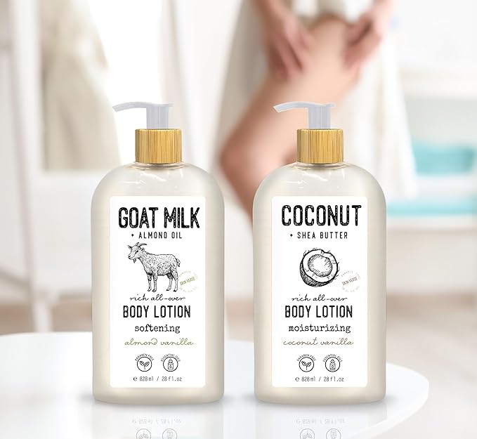 Skin Verse Body Lotion, Goat Milk, Almond Oil Body Lotion, Softening, Almond Vanilla, Coconut, Shea Butter Body Lotion, Moisturizing, Coconut Vanilla, 28 fl. oz. | Home and Body Co-Velvo Beauty