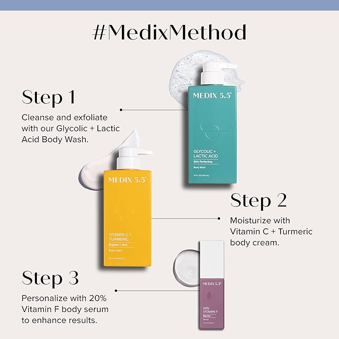 Medix 5.5 Anti Aging Skin Care 3PC Set | Vitamin C Body Cream + Exfoliating AHA Glycolic Acid Foaming Face & Body Wash + Vitamin F Booster Serum, Wash + Treat + Hydrate Skincare Set-Velvo Beauty