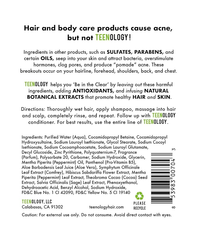 Teenology Shampoo for Teens - Avoid Forehead and Body Acne - No Sulfates or Parabens, Noncomedogenic, Natural Botanical Extracts, 16 oz. (Sweet Mint)-Velvo Beauty