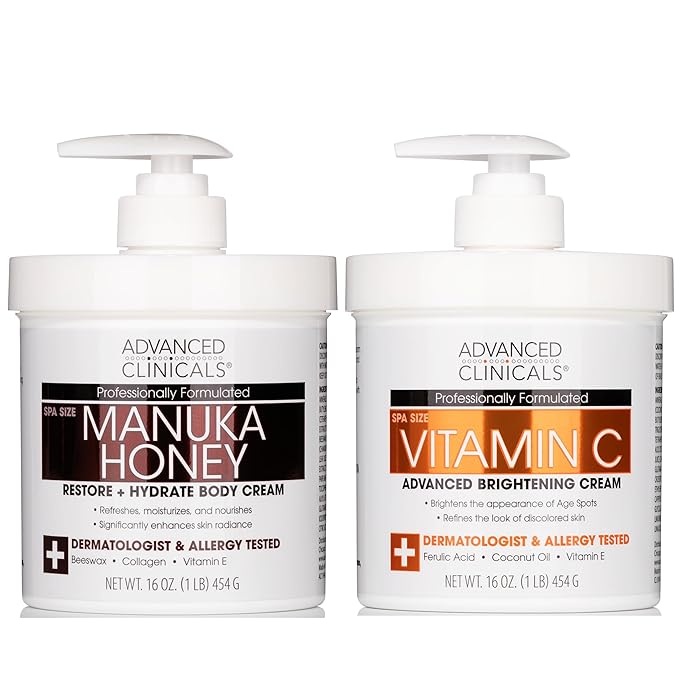 Advanced Clinicals Vitamin C Brightening Cream + Manuka Honey Body Lotion & Face Moisturizer 2pc Skincare Set For Women & Men | Body Butter Creams Help Reduce Appearance Of Dark Spots & Dry Skin, 2pc-Velvo Beauty