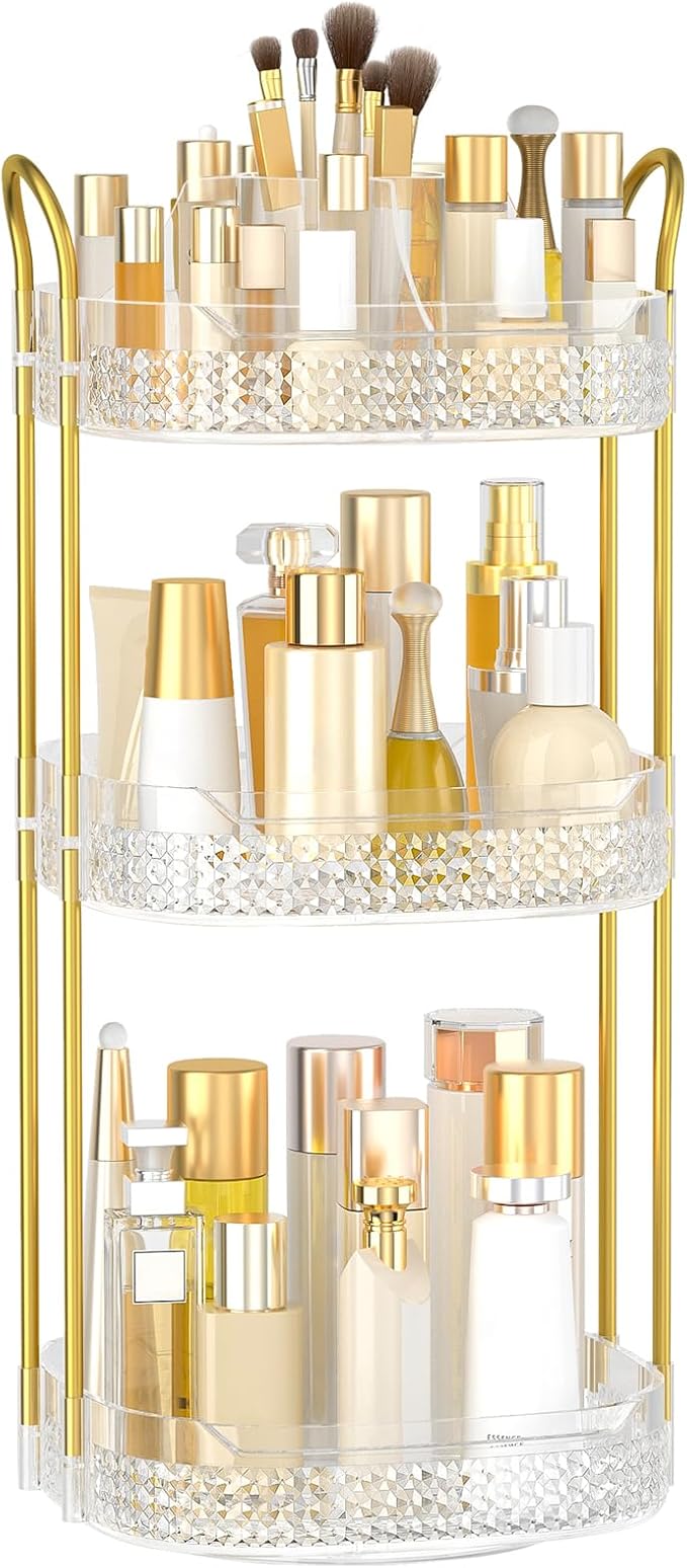 Rotating Makeup Organizer for Vanity 3 Tier, Perfume Organizer with Makeup Brush Holder, Large Capacity Cosmetics Clear Skincare Organizer for Countertop (Transparent)-Velvo Beauty