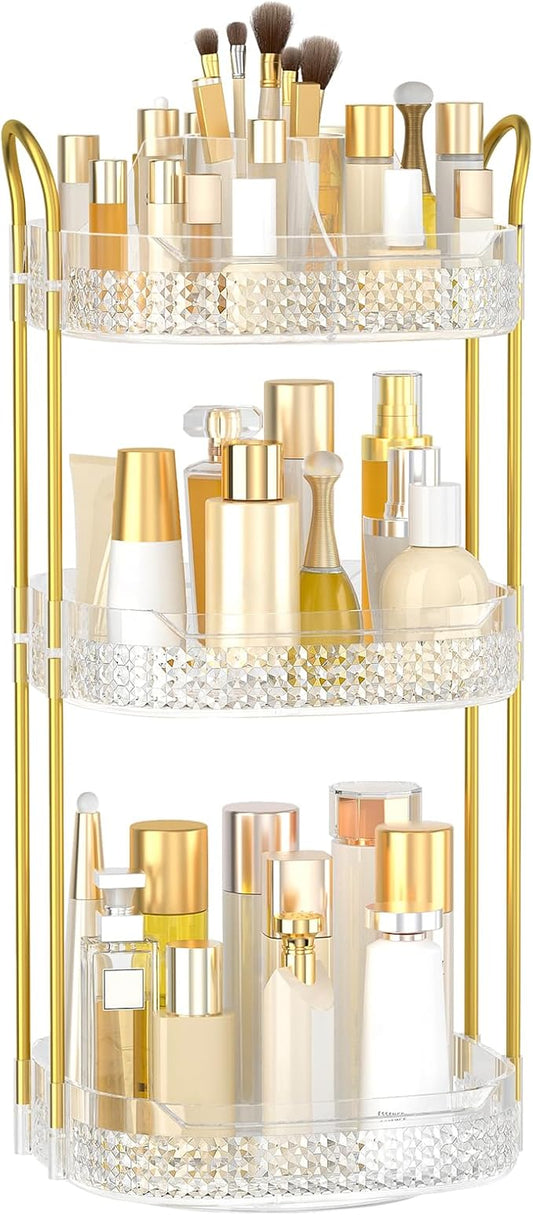 Rotating Makeup Organizer for Vanity 3 Tier, Perfume Organizer with Makeup Brush Holder, Large Capacity Cosmetics Clear Skincare Organizer for Countertop (Transparent)-Velvo Beauty