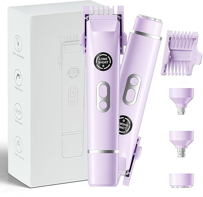 Upgrade Dermave Bikini Shaver, Dual Head 4 in 1 Bikini Trimmer for Women, IPX7 Waterproof Wet & Dry Use Electric Razor with Led Light and Display for Nose, Eyebrow, Bikini, Body (Purple)-Velvo Beauty