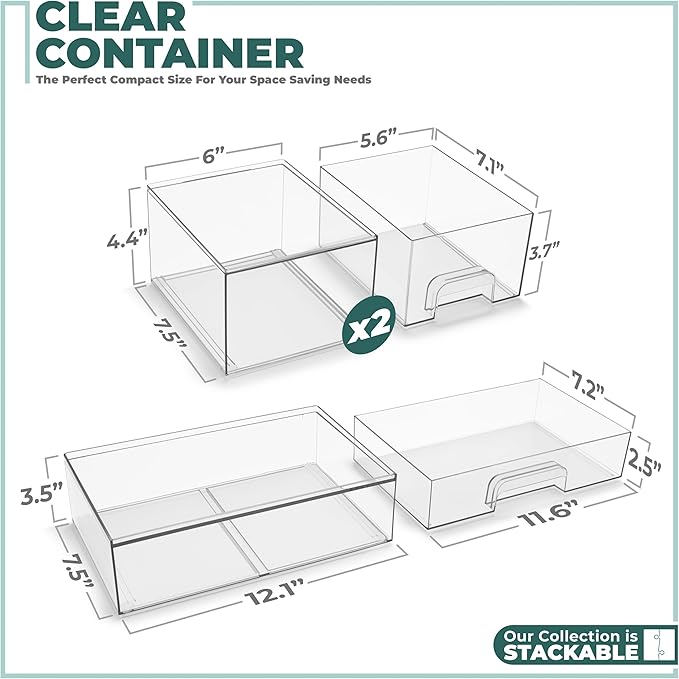 Sorbus Acrylic Storage Containers - 3 Pack, Stackable Storage Bins Set for Bathroom Organization - Clear Acrylic Drawer Organizers - Makeup Case Pull-Out Drawers (4.4’’ Tall and 12.1’’ Wide)-Velvo Beauty