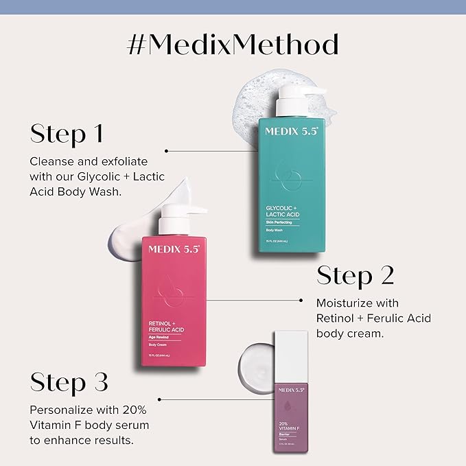 MEDIX Anti Aging Skin Care 3PC Set | Retinol Body Cream + Exfoliating AHA Glycolic Acid Foaming Face & Body Wash + Vitamin F Booster Serum, Wash + Treat + Hydrate Skincare Set-Velvo Beauty