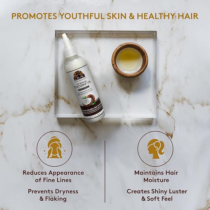 Okay 100% Pure Coconut Oil for Hair & Skin - Coconut Oil for Women & Men, Perfect for Hair & Body, for Massage & Moisturizer, Natural - 4 fl oz Squeeze Bottle (Pack of 1)-Velvo Beauty
