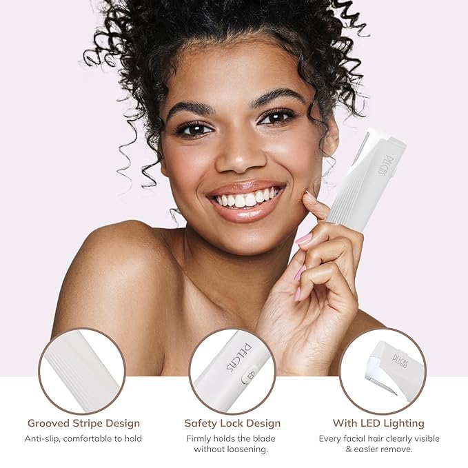 PELCAS Electric Dermaplaning Tool for Face with LED Light, Mini Facial Dermaplaning Razor Kit, Painless 3 Speeds Facial Peach Fuzz & Hair Removal At Home for Women with 6 Blades Off White-Velvo Beauty