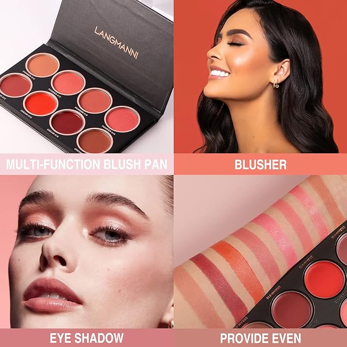 8 Colors Blush Palette, 4 Dry Powders + 4 4 Blush Creams, Contour and Highlight Blush Palette for Cheek and Eye Makeup Long-Lasting Pigment Lightweight Professional Blush Palette(1, pink, Large)-Velvo Beauty