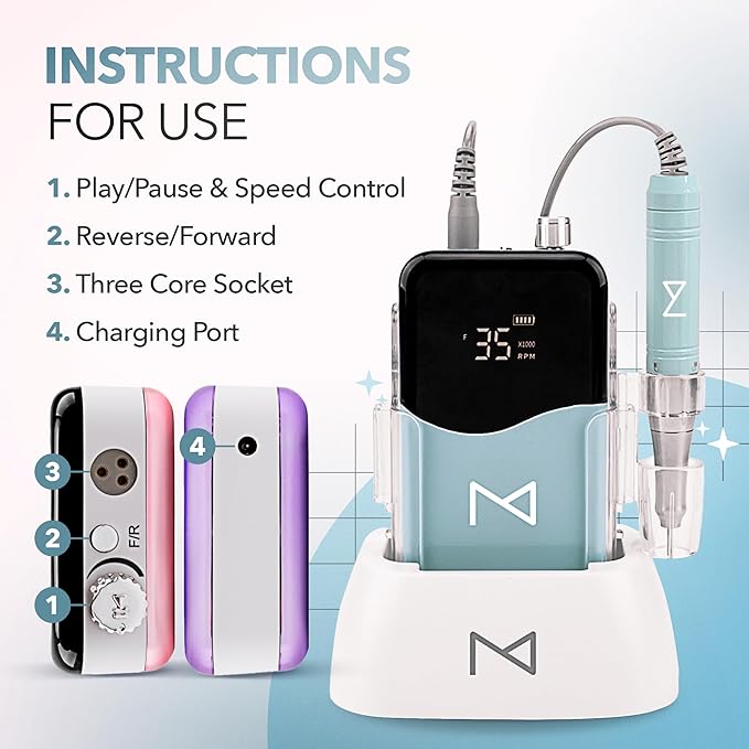 M Mase- Professional Nail Drill Machine - Coreless 2-in-1 Nail File - Electric, Cordless, 35000 RPM, HD Display - Electric Nail Drill for Professional & Home Use (Teal)-Velvo Beauty