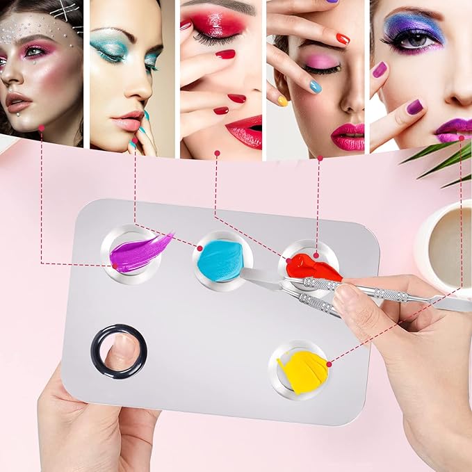 4 in 2 Set Makeup Mixing Palette, Makeup Palette for Foundation, Makeup Mixing Tray, Stainless Steel Mixing Tray with Spatula for Mixing Foundation Eye Shadow Nail Art, Makeup Foundation Mixing Tray-Velvo Beauty