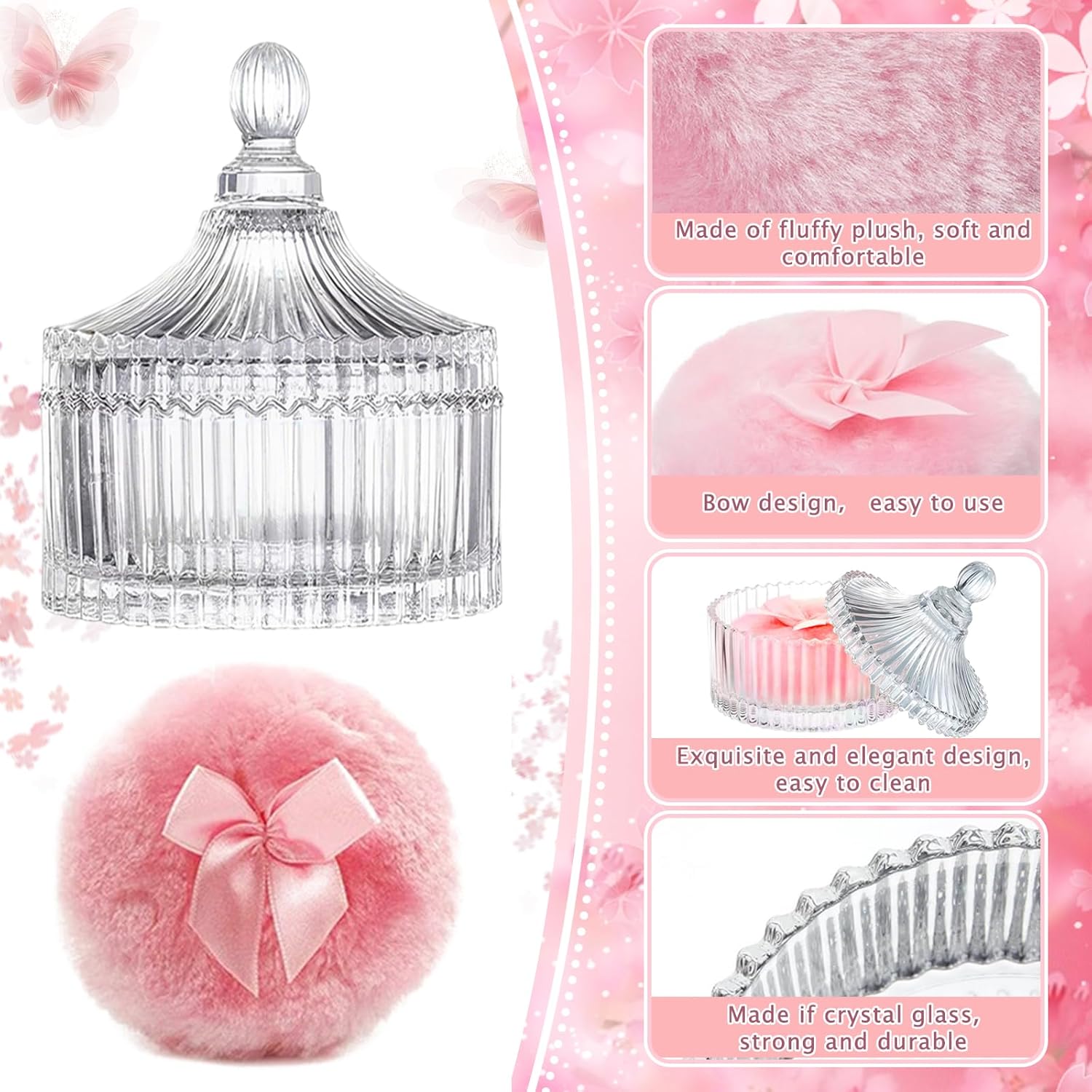 3 Pcs Large Body Powder Puff and Container, Powder Container with Puff, Velour Dusting Powder Puff with Crystal Case, Washable Reusable Puff for Women Baby Bath Travel Glitter Wet Dry Makeup-Velvo Beauty