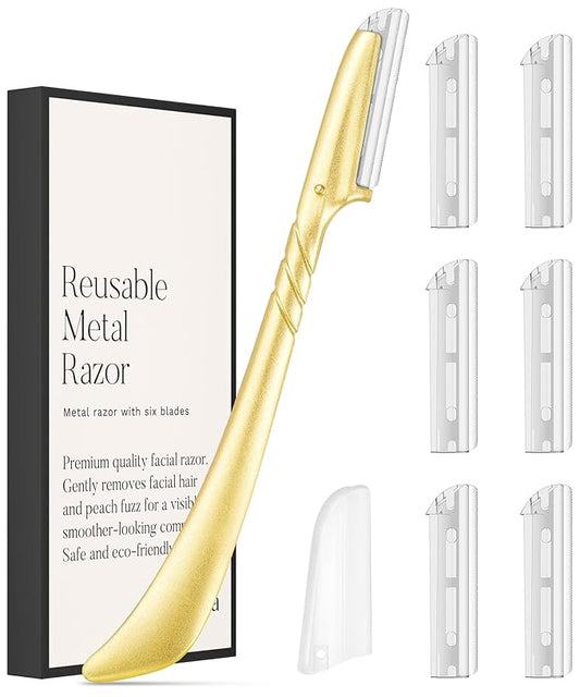 ennva Eyebrow Razor for Women - Eyebrow Trimmer Dermaplaning Tool- Ergonomic Eyebrow Shaper and Facial Razor for Peach Fuzz-Exfoliating Face Razor for Eyebrows-Eye Brow Shaver Razors w/ 7 Blades- Gold-Velvo Beauty
