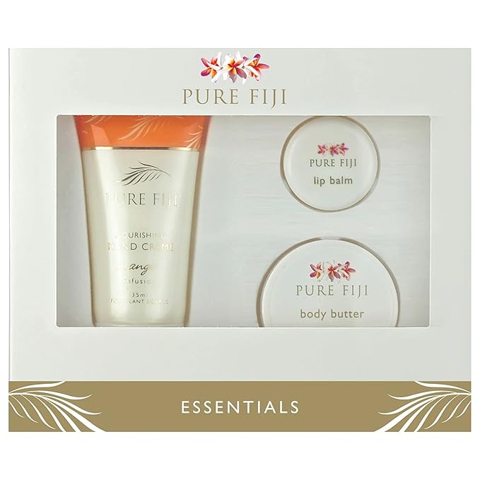 Pure Fiji Essentails Gift Set for Skin Care Hydrating Skincare Set Include - Lip Balm (0,16 Fl. Oz), Body Butter (0.50 Fl. Oz), Hand Crème(1.18 Fl. OZ) Daily Moisturizer Set - Mango-Velvo Beauty