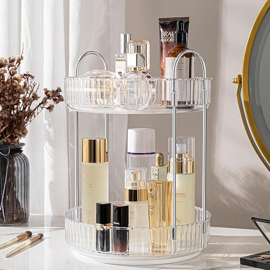 Rotating Makeup Organizer, 360° Spinning Makeup Storage Holder Rack, Dresser Bathroom Organizer Countertop, Large Capacity Perfume Skincare Lipstick Organizer for Vanity.(2 Tiers, Transparent)-Velvo Beauty