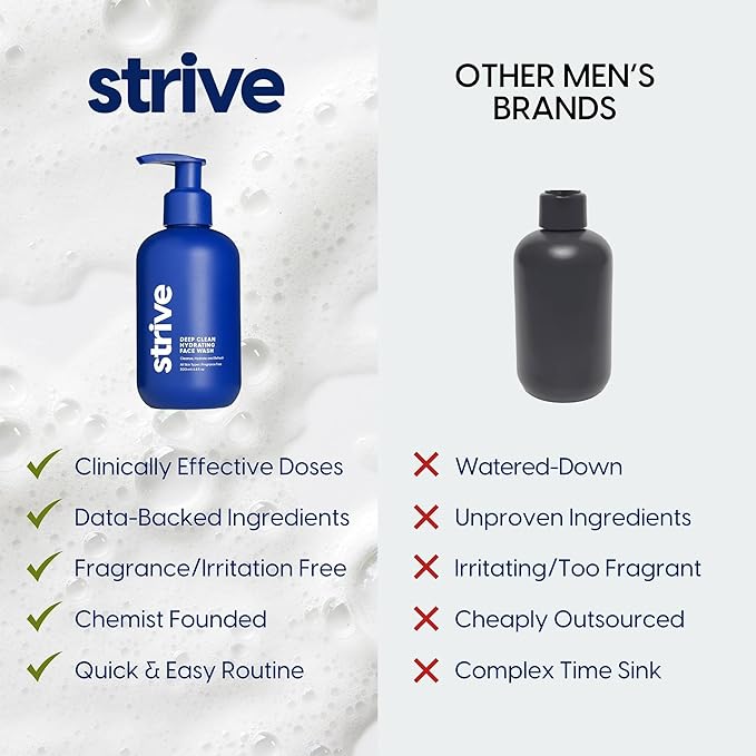 Strive Hydrating Men's Face Wash - Deep Cleans Pores, Exfoliates & Brightens - Refreshing Aloe Vera, Hyaluronic Acid & Niacinamide - Fragrance Free Men's Skincare - 200ml-Velvo Beauty