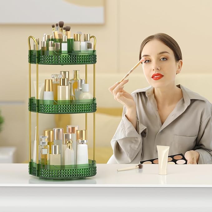 Rotating Makeup Organizer for Vanity 3 Tier, Perfume Organizer with Makeup Brush Holder, Large Capacity Cosmetics Clear Skincare Organizer for Countertop (Green)-Velvo Beauty
