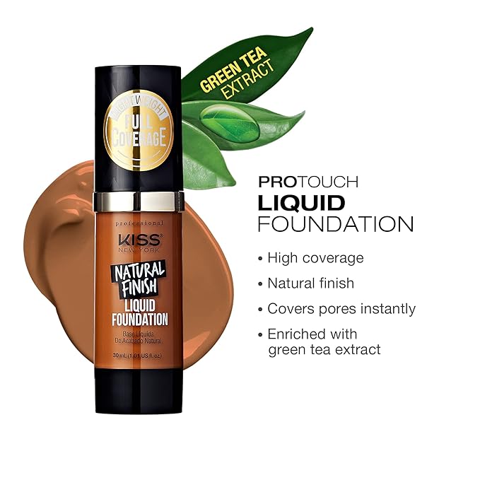 Kiss New York Professional Liquid Foundation - Lightweight and Hydrating Formula, Natural Finish, Control Shine, Cover Pores, Medium to Full Coverage, Green Tea Extract (Maple)-Velvo Beauty