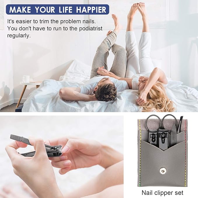 Manicure Pedicure Kit Nail Clippers Set Fingernails & Toenails Vibrissac Scissor 5 Pieces Best Care Tools for Man & Women with Travel Case (Gray/Black_A) (Gray/Black_A)-Velvo Beauty