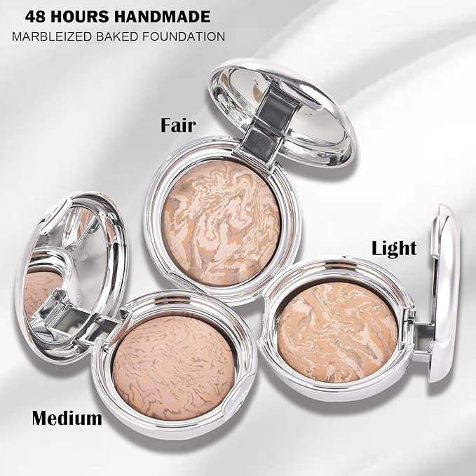 Marbleized Baked Foundation Makeup, Balance and Brighten Color Correcting Powder Foundation - Buildable Light to Medium Coverage - Demi-Matte Natural Finish (#002 LIGHT, 0.32 Oz)-Velvo Beauty