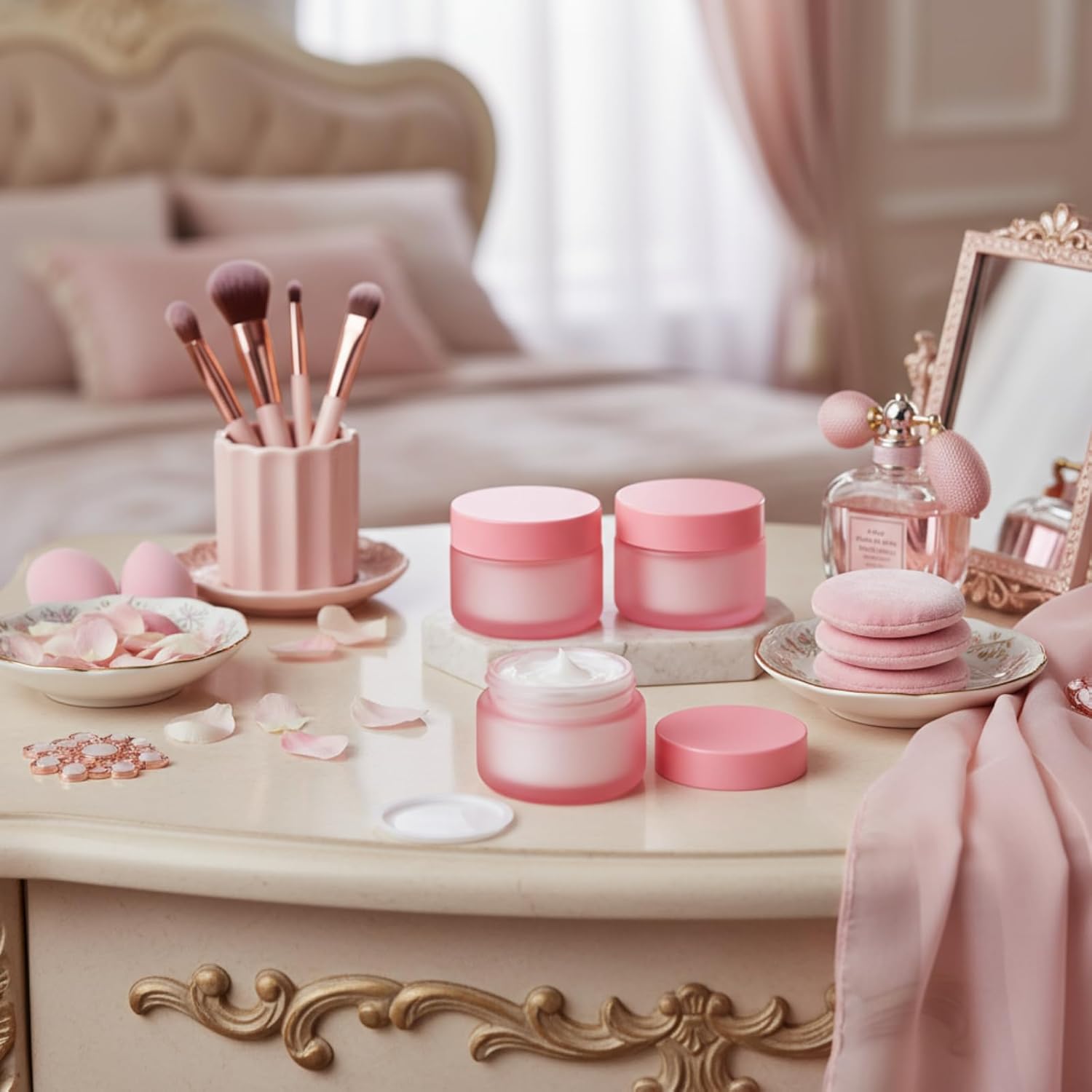 Domensi 100 Pcs 1 oz Glass Jars with Lids Bulk Round Glass Cosmetic Jars Lids 1 oz Small Travel Containers with Inner Liner for Lotions Powders Ointments Sample Cream (Pink,Pink)-Velvo Beauty