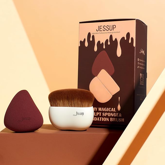 Jessup Makeup Brush Foundation Brush with Makeup Sponge 1pc Kabuki Brush for Liquid, Cream or Flawless Powder Cosmetic Face Boby Brush, T882-Velvo Beauty