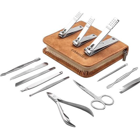 FAMILIFE Manicure Set, Nail Professional Kit Manicure Kits Nail Clipper Sets, 13PCS Stainless Steel Pedicure Sets Mens Grooming Tool, with Brown Leather Travel Case for Men-Velvo Beauty