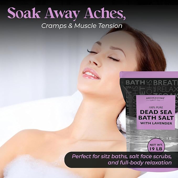 Aromasong Pure Dead Sea Salt for Soaking with 100% Natural Lavender, 19 LB - Spa Bath Salt Fine Grain - Body Wash Scrub - Soak for Women & Men- Bulk Resealable Pack-Velvo Beauty