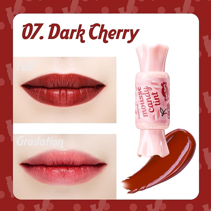 THESAEM Saemmul Mousse Candy Tint #7 Dark Cherry Mousse - High Pigment Matte Finish Long Lasting Lip Stain with Honey Extracts to Hydrate Lips - Weightless & Smudge-Proof, 0.3 fl.oz.-Velvo Beauty