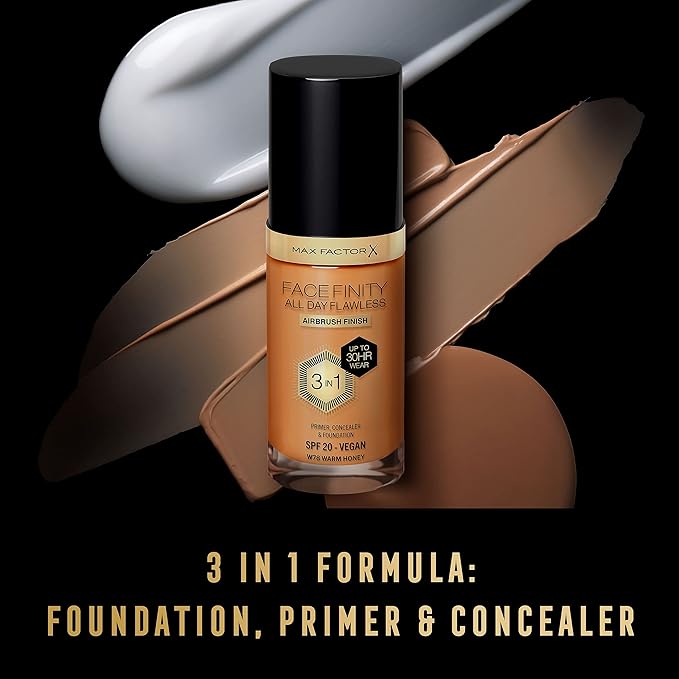 Max Factor Facefinity 3-in-1 All Day Flawless Liquid Foundation, SPF 20-78 Warm Honey, 30 ml-Velvo Beauty