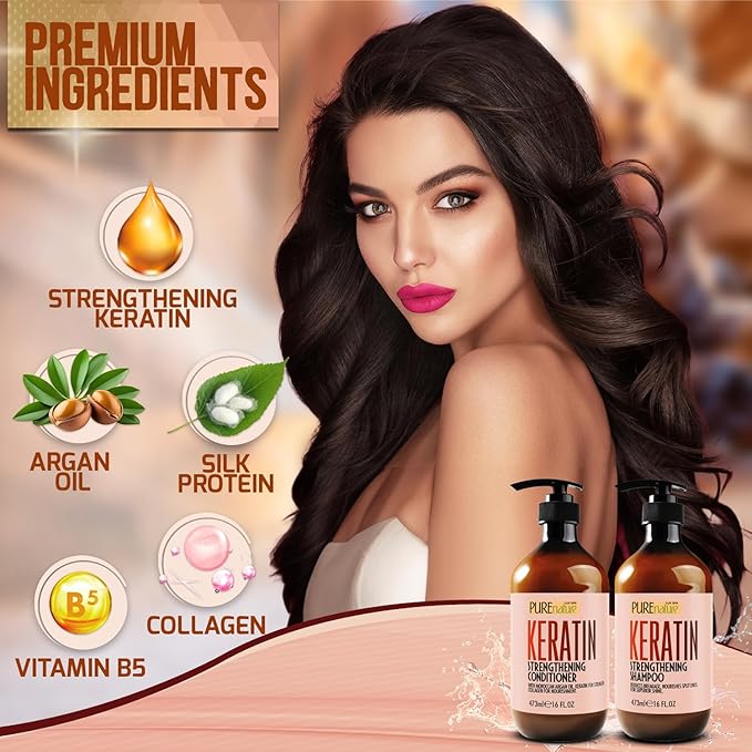 Keratin Shampoo and Conditioner Set - Sulfate and Paraben Free Treatment for Dry Hair - Anti Frizz, Collagen Enriched Formula for Curly or Damaged Hair - Safe for Men and Women with Color Treated Hair-Velvo Beauty